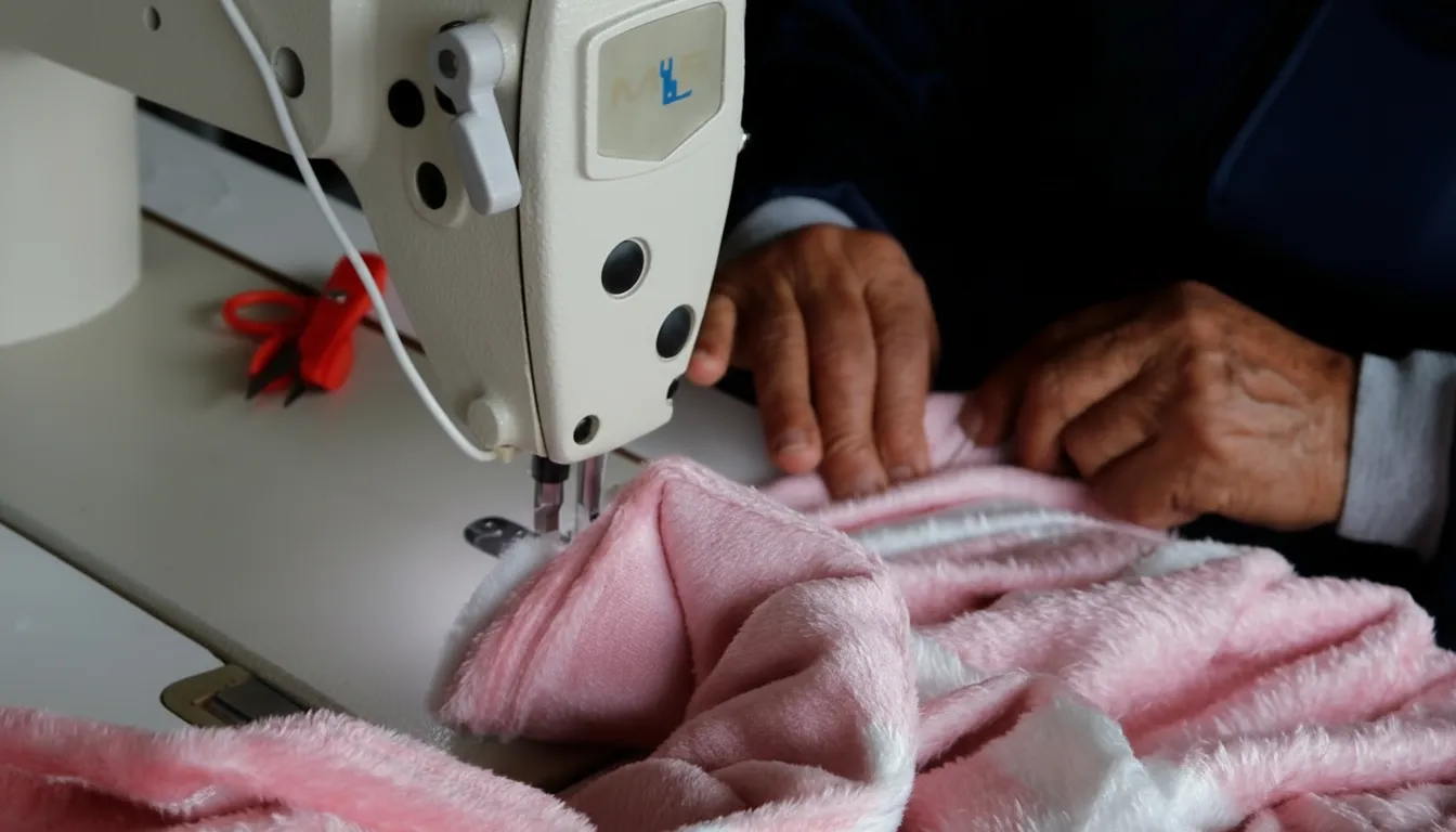 Persona cosiendo tela rosada