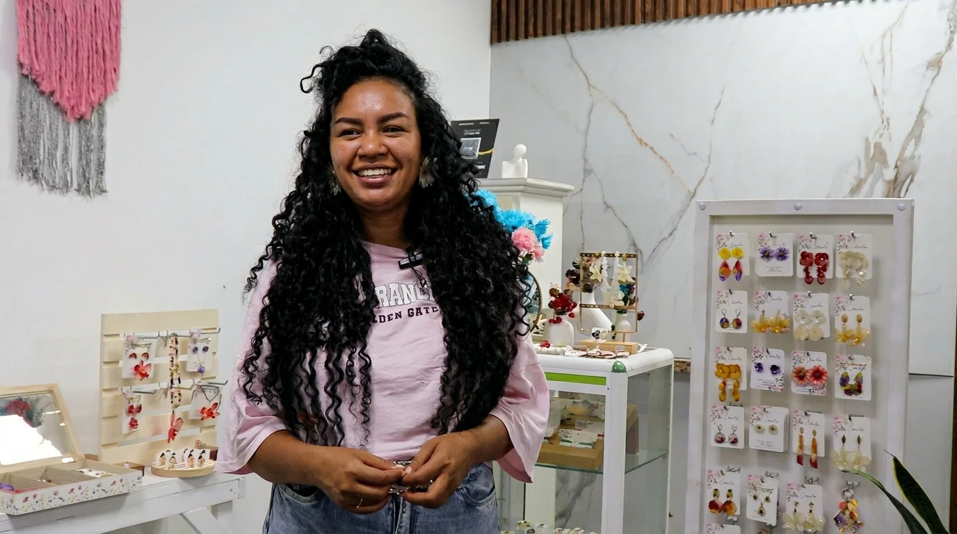 Joven joyera frente a su exhibidor de aretes artesanales