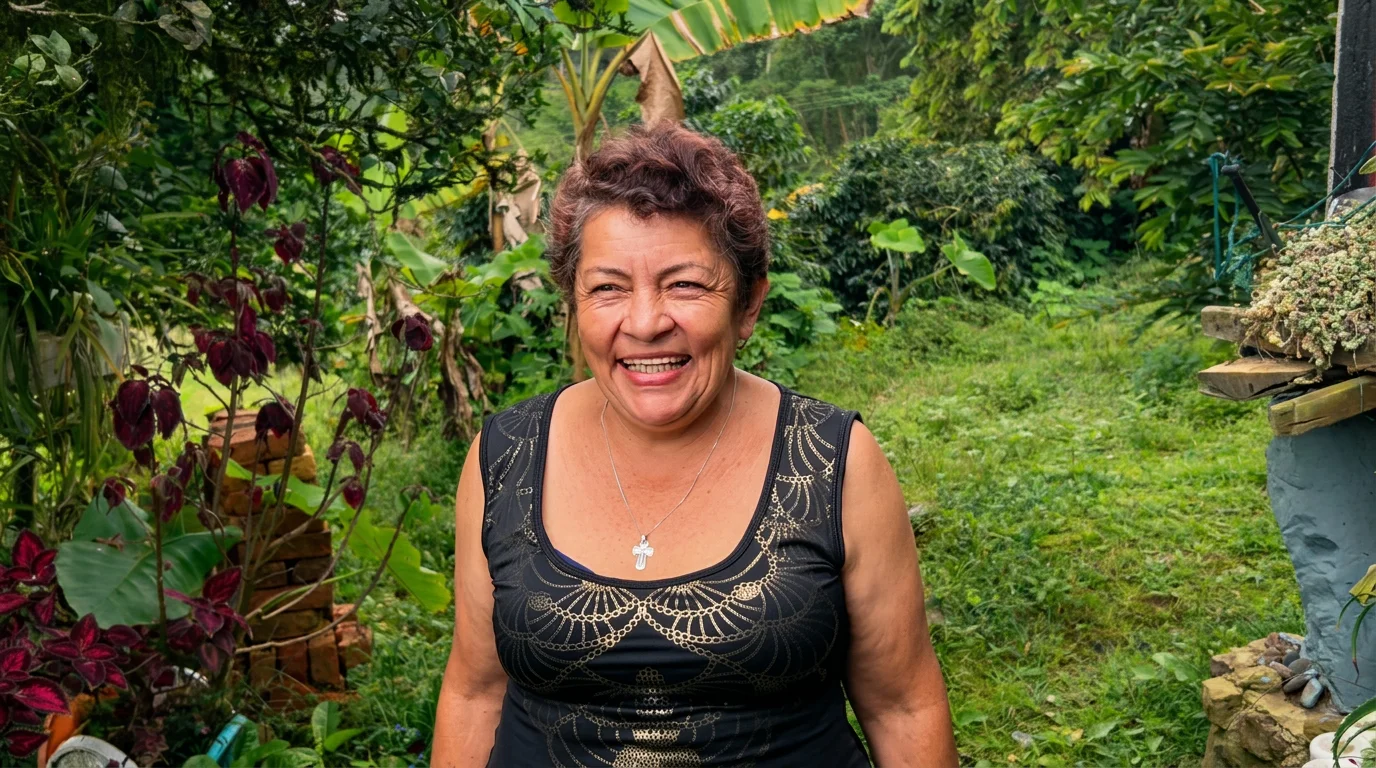 Lideresa de la red sonriendo en su huerta rural