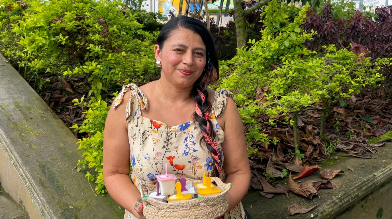 Emprendedora con su canasto de paletas caseras